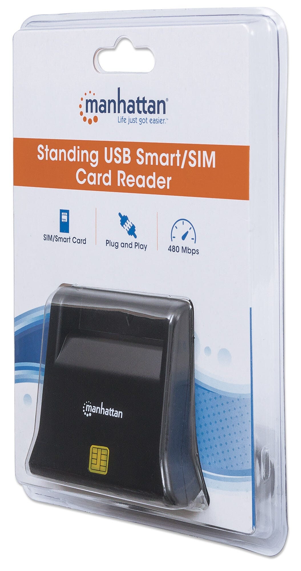 Manhattan USB-A Smart/SIM Card Reader, 480 Mbps (USB 2.0), Desktop Standing, Friction Type compatible, Hi-Speed USB, Cable 86cm, Black, Three Year Warranty