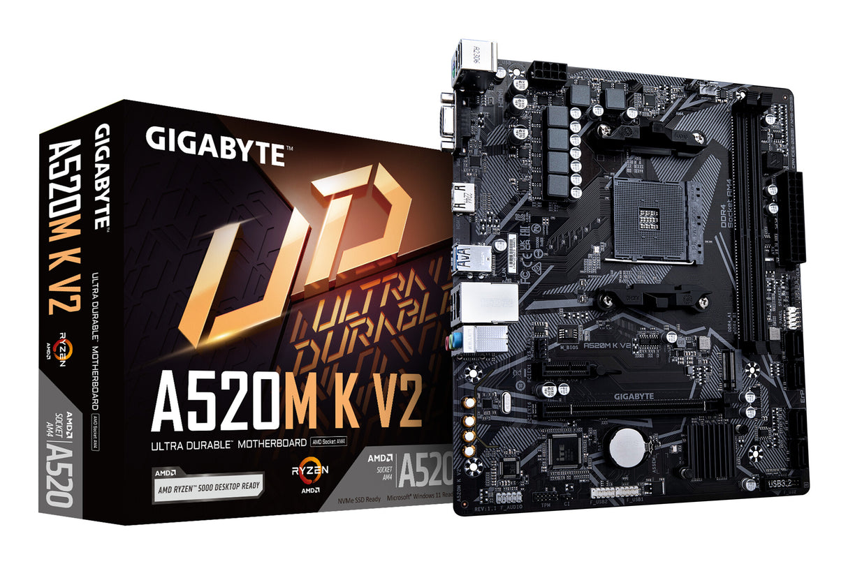 Carte mère Gigabyte A520M K V2, AMD Socket AM4, Micro ATX, DDR4, PCIe Gen3 x4 M.2, Smart Fan 5, LAN, HDMI/USB3.0