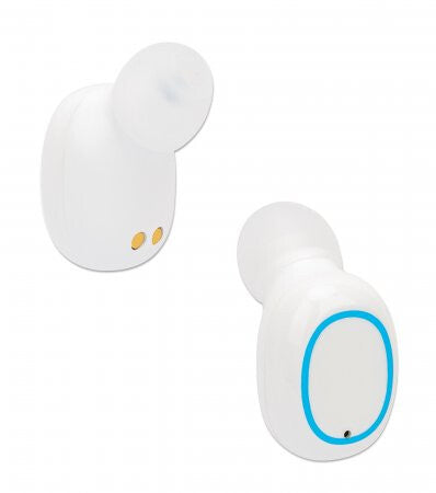 Manhattan Bluetooth Earphones, White, Microphone, Integrated Controls, Sweatproof, Noise Isolating, 5 hour usage time, Max Range 10m, Charging Case with Powerbank (1200mAh), Bluetooth v5.0, USB-A charging cable included, 3 Year Warranty