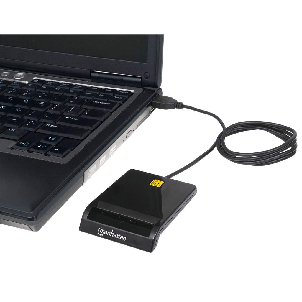 Manhattan USB-A Contact Smart Card Reader, 12 Mbps, Friction type compatible, External, Windows or Mac, Cable 105cm, Black, Three Year Warranty