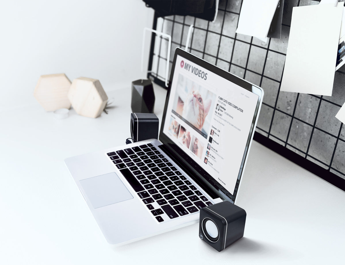Manhattan 2600 Series Speaker System, Two Speakers, Black/Silver, USB for Stereo Audio and Power, Output: 2x 3W, Decent Sound, Integrated rotary volume control, USB-C/USB-A Adapter, Cable 1.4m, Three Year Warranty