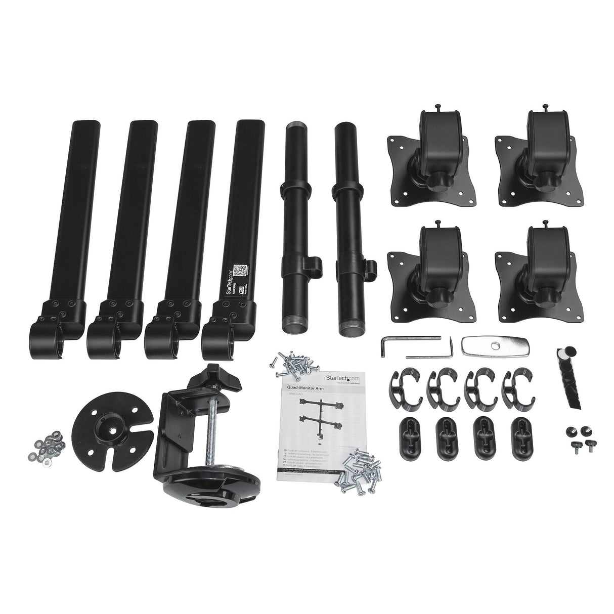 StarTech.com Desk Mount Quad Monitor Arm - Ergonomic VESA 4 Monitor Mount 2x2 up to 27" - Articulating & Height Adjustable Pole Mount - Tilt/Swivel/Rotate LCD/LED Screen - Desk Clamp/Grommet