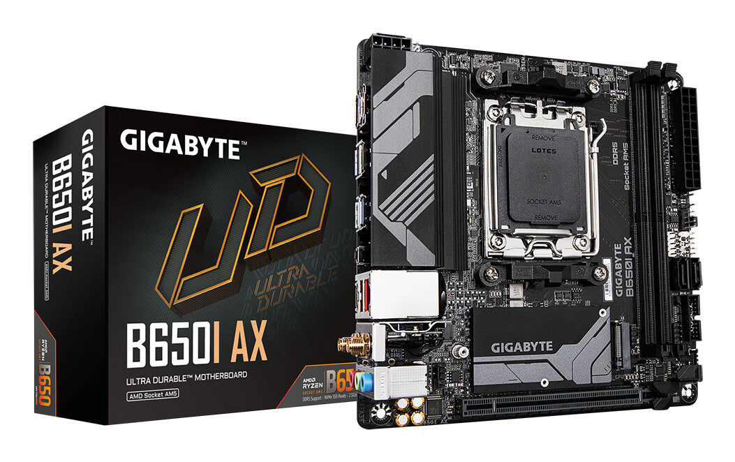 GIGABYTE B650I AX Motherboard - AMD Ryzen 9000 Series CPUs, 5+2+1 Phases VRM, up to 6400MHz DDR5 (OC), 1xPCIe 4.0 M.2, 2.5GbE LAN, WIFI 6E, USB 3.2 Gen 2
