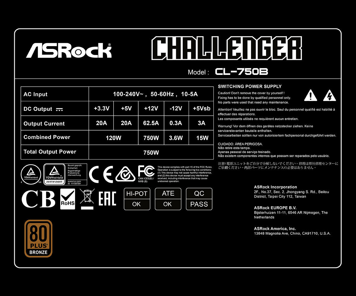 Asrock CL-750B power supply unit 750 W 20+4 pin ATX ATX Black