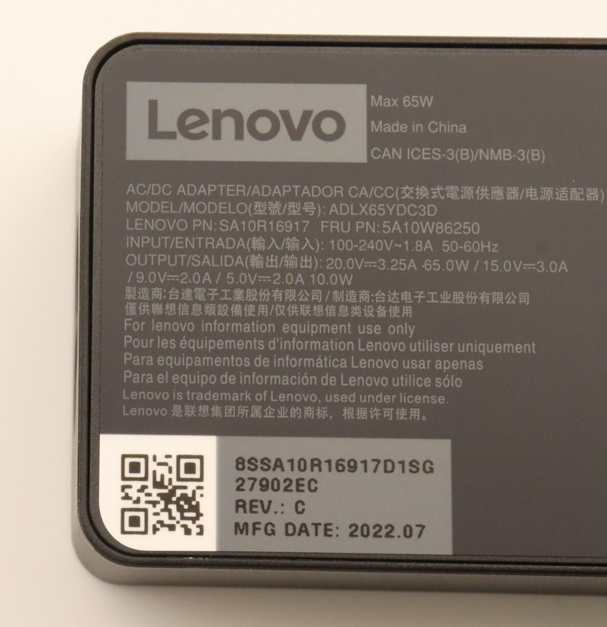 Lenovo 5A10W86250 power adapter/inverter Indoor 65 W Black