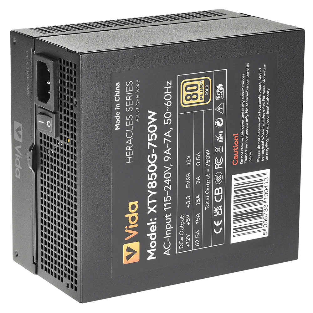 VIDA 750W Heracles Black ATX 3.1 Gaming PSU, 80+ Gold, Fully Modular, 14cm Ultra-Quiet FDM Fan, Flat Black Cables, PCIe 5.1, Power Lead Not Included
