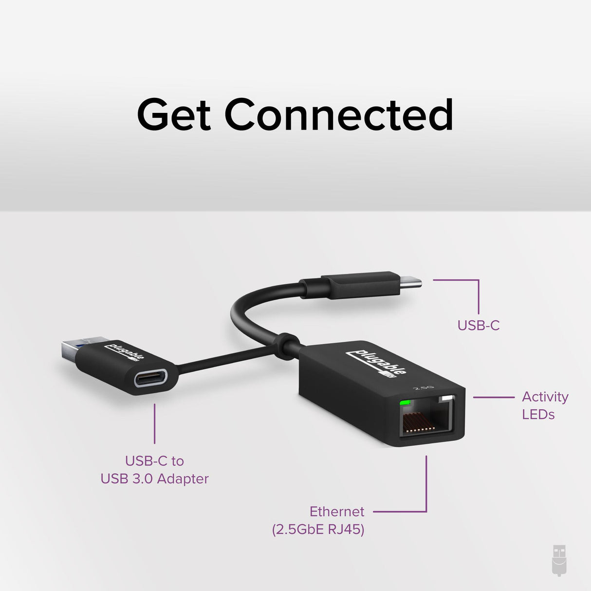 Plugable Technologies 2.5G USB C and USB to Ethernet Adapter, 2-in-1 Adapter Compatible with USB-C Thunderbolt 3 or USB 3.0, USB-C to RJ45 2.5 Gigabit LAN Ethernet, Compatible with Mac and Windows