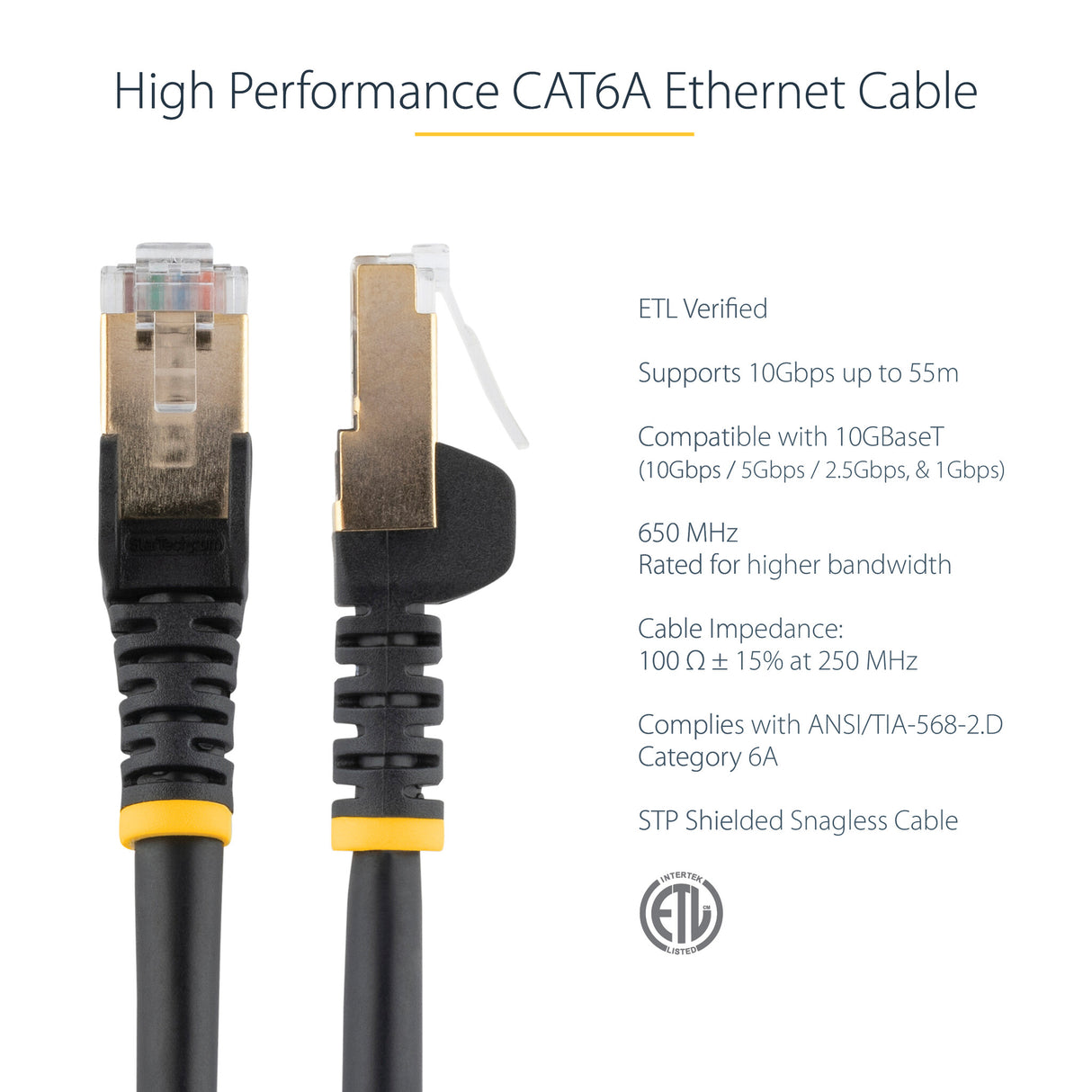 StarTech.com 10m CAT6a Ethernet Cable - 10 Gigabit Shielded Snagless RJ45 100W PoE Patch Cord - 10GbE STP Network Cable w/Strain Relief - Black Individually Tested/Wiring is UL Certified/TIA