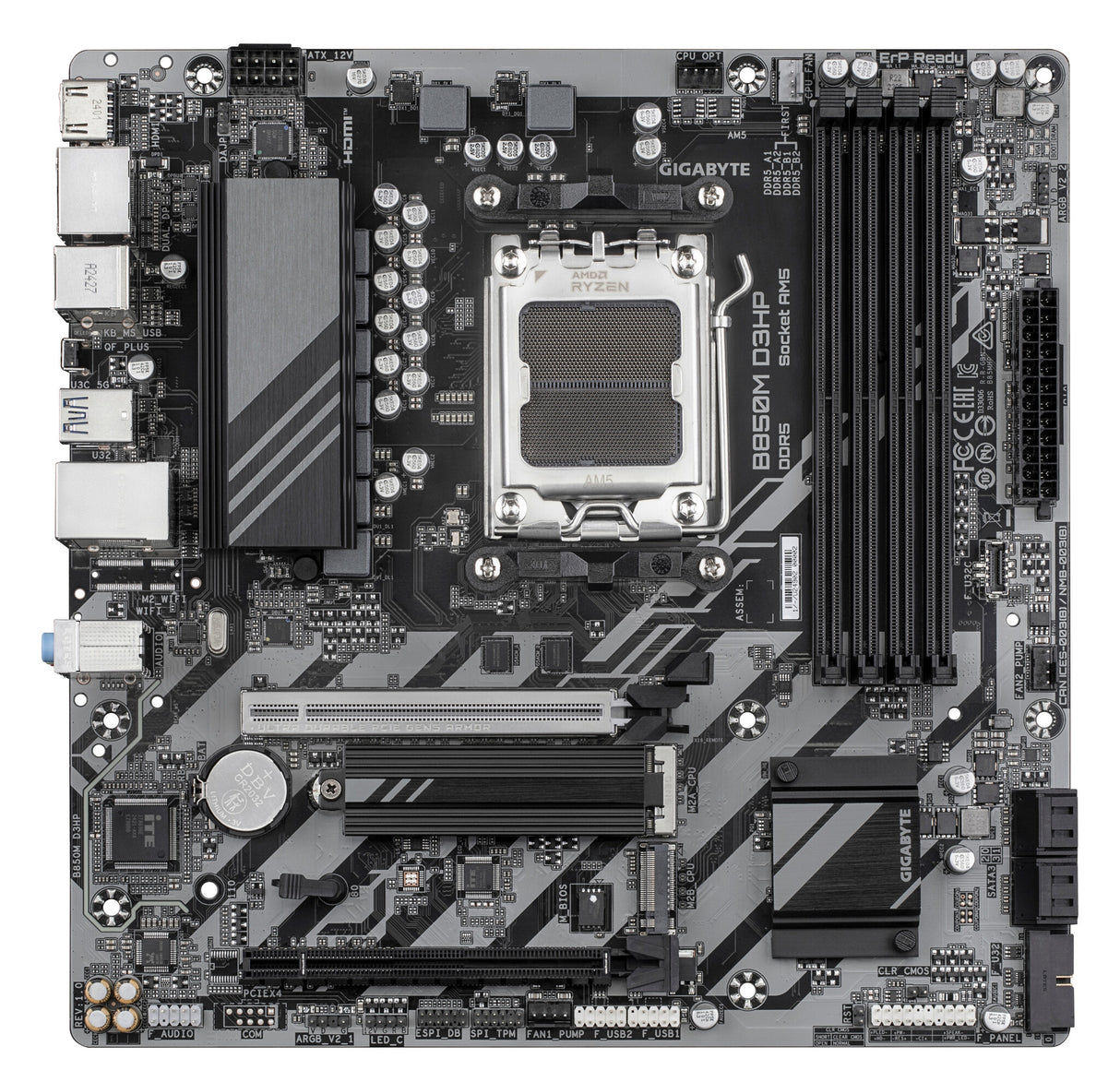 GIGABYTE B850M D3HP Motherboard - AMD Ryzen 9000 Series CPUs, 5+2+2 Phases Digital VRM, up to 8200MHz DDR5 (OC), 1xPCIe 5.0 + 1xPCIe 4.0 M.2, GbE LAN, USB 3.2 Gen 2