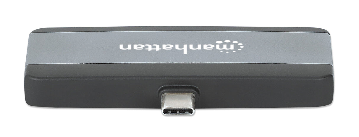 Manhattan USB-C Travel Dock/Hub, Ports (x4): HDMI, USB-A, USB-C and 3.5mm audio, With Power Delivery (100W) to USB-C Port, USB powered (no external power supply required)