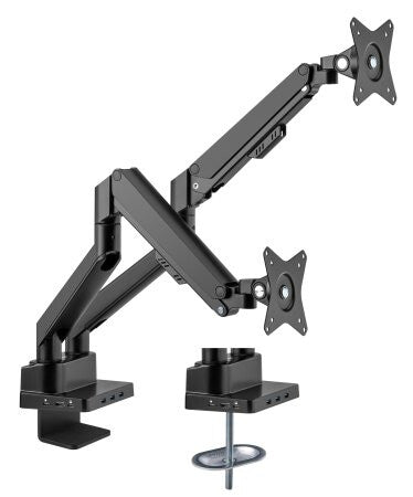 Manhattan Dual Desk Mount for TV & Monitors (Full Motion Gas Spring) with built-in Dock, For screens to 27", Ports (x7): Ethernet,HDMI (x2),USB-A (x3) and USB-C,Power Delivery (100W) to USB-C Port (Separate USB-C wall charger/cable needed),VESA: 75x75 and