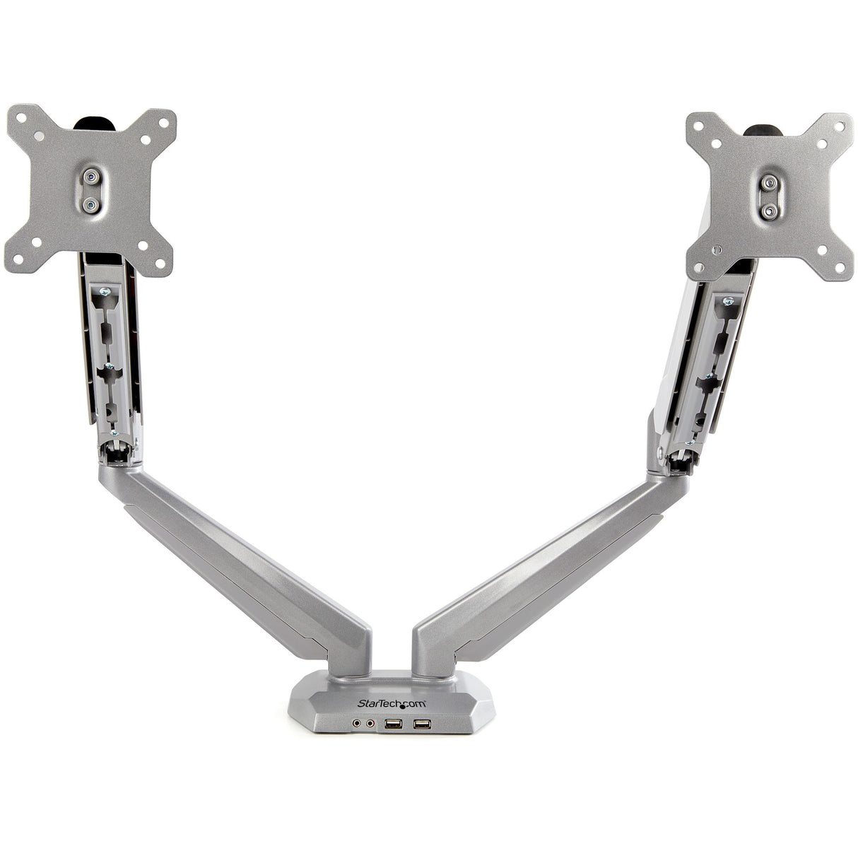StarTech.com Desk Mount Dual Monitor Arm with USB & Audio - Desk Clamp VESA Mount for up to 32 inch Displays - 2x USB, 2x 3.5mm audio - Ergonomic Full Motion Dual Monitor Arm - Silver