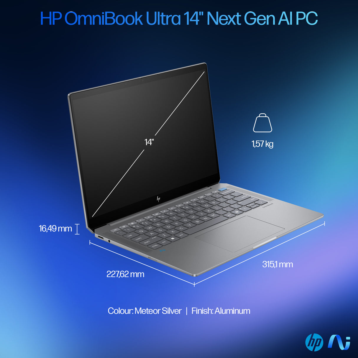 HP OmniBook Ultra 14-fd0002na Copilot+ PC AMD Ryzen AI 9 365 Laptop 35.6 cm (14") Touchscreen 2.2K 32 GB LPDDR5x-SDRAM 1 TB SSD Wi-Fi 7 (802.11be) Windows 11 Home Silver