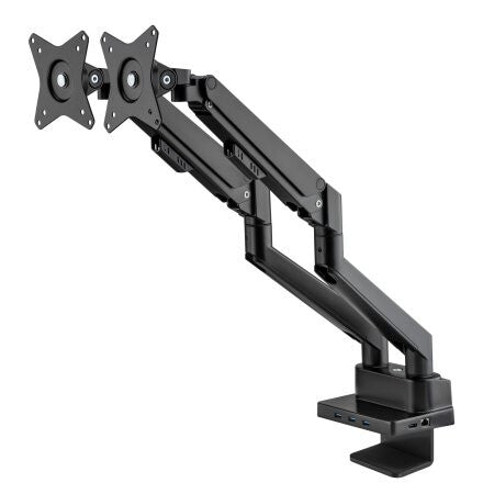Manhattan Dual Desk Mount for TV & Monitors (Full Motion Gas Spring) with built-in Dock, For screens to 27", Ports (x7): Ethernet,HDMI (x2),USB-A (x3) and USB-C,Power Delivery (100W) to USB-C Port (Separate USB-C wall charger/cable needed),VESA: 75x75 and