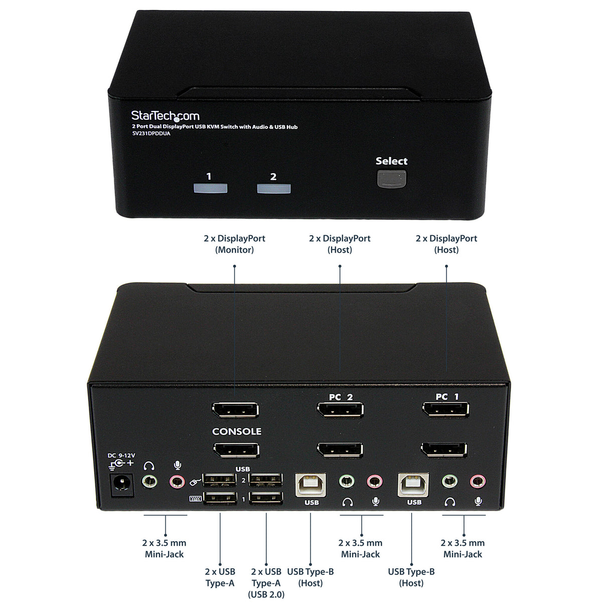 StarTech.com 2 Port Dual DisplayPort USB KVM Switch with Audio & USB 2.0 Hub - TAA
