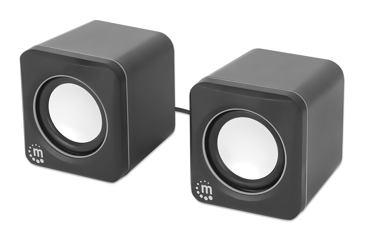 Manhattan 2600 Series Speaker System, Two Speakers, Black/Silver, USB for Stereo Audio and Power, Output: 2x 3W, Decent Sound, Integrated rotary volume control, USB-C/USB-A Adapter, Cable 1.4m, Three Year Warranty