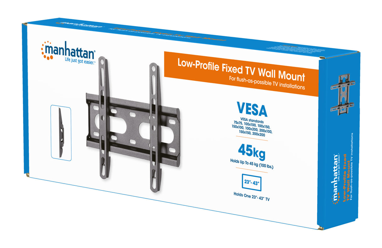 Manhattan Wall Mount for TV & Monitors (Fixed Ultra Slim), For screens 23" to 42", VESA compatability: all between 75x75mm and 200x200mm - check the dimensions of the four mounting holes on back of screen to ensure it fits, Max 45kg, Black, Bracket