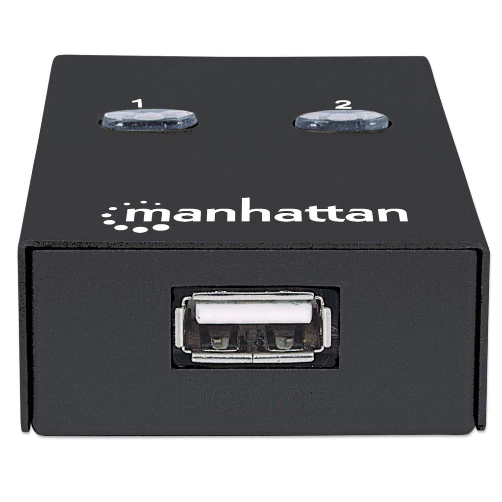 Manhattan USB-A Automatic Sharing Switch, 2x USB-B Ports, 480 Mbps (USB 2.0), Dual Control (Auto-Sensing or Manual), Bus Powered, Hi-Speed USB, inc 1x 1.5m USB-A to USB-B cable, Black, Three Year Warranty