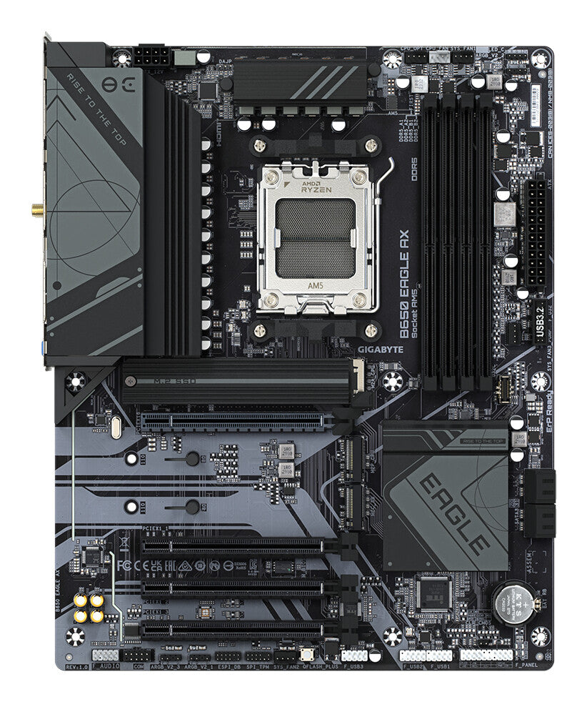 GIGABYTE B650 EAGLE AX Motherboard - AMD Ryzen 9000 Series CPUs, 12+2+2 Phases VRM, up to 7600MHz DDR5 (OC), 1xPCIe 5.0 + 2xPCIe 4.0 M.2, GbE LAN, WIFI 6E, USB 3.2 Gen 2