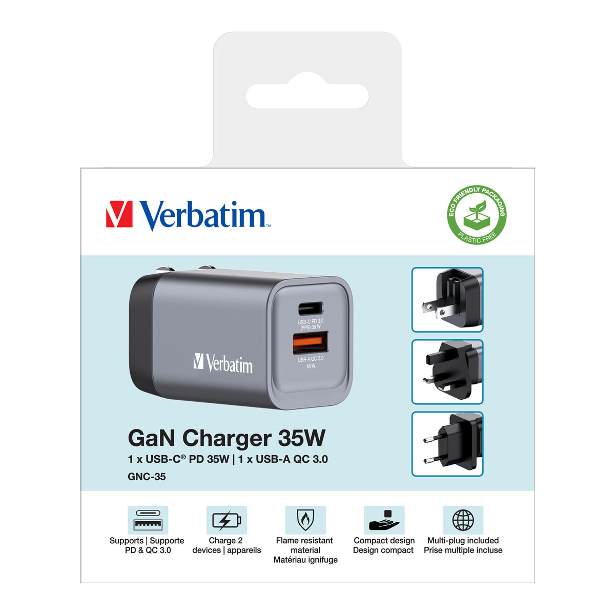 Verbatim GNC-35 GaN Charger 35W with 1 x USB-C PD 35W / 1 x USB-A QC 3.0 (EU/UK/US)