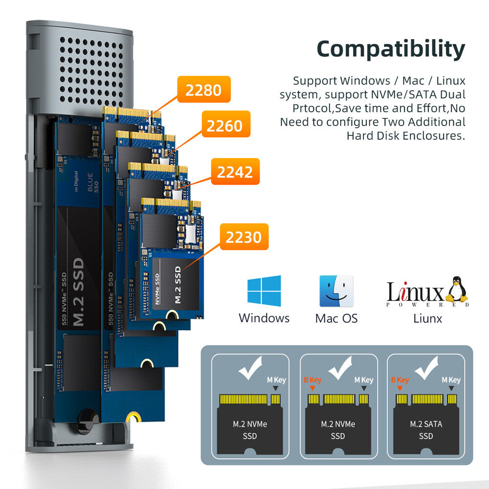 MAIWO M.2 NVME SATA SSD Enclosure Adapter Tool-Free, RTL9210B Chips, USB C 3.1 Gen 2 10Gbps NVME, 6Gbps SATA PCIe M-Key(B+M Key), External Solid State Drive Support UASP Trim for 2242/2260/2280