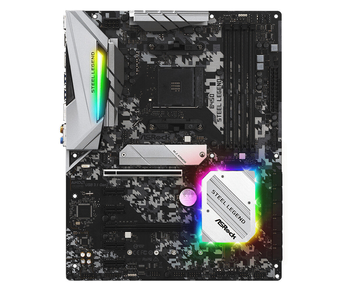 Asrock B450 STEEL LEGEND, AMD B450, AM4, ATX, 4 DDR4, HDMI, DP, XFire, Durabilidad sólida como una roca, Iluminación RGB, M.2
