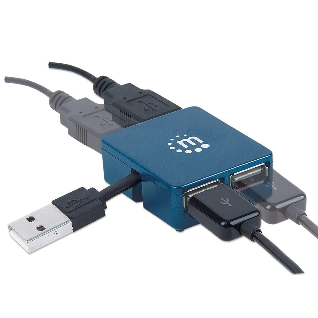 Manhattan USB-A 4-Port Micro Hub, 4x USB-A Ports, Blue, 480 Mbps (USB 2.0), Bus Power, Hi-Speed USB, Three Year Warranty, Equivalent to ST4200MINI2