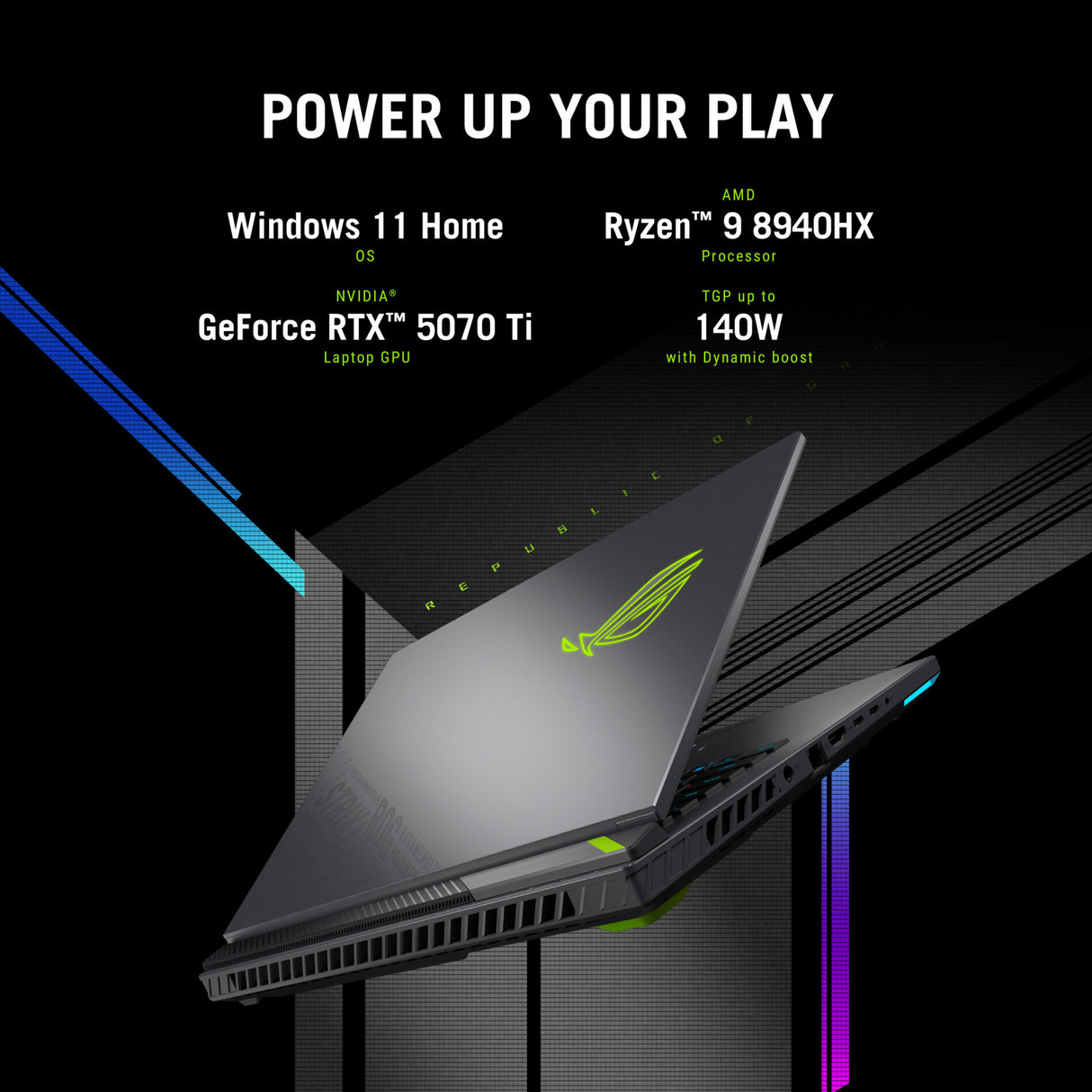 ASUS ROG Strix G16 G614PR-RV016W AMD Ryzen™ 9 8940HX Laptop 40.6 cm (16") WUXGA 16 GB DDR5-SDRAM 1 TB SSD NVIDIA GeForce RTX 5070 Ti Wi-Fi 6E (802.11ax) Windows 11 Home Black, Grey