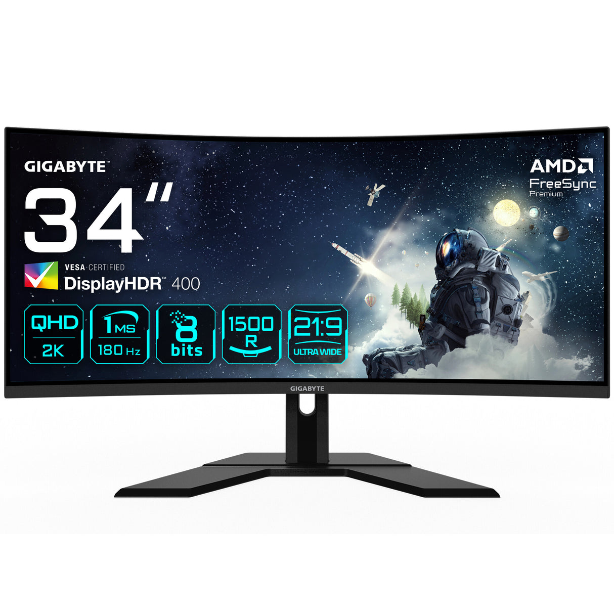 GIGABYTE G34WQCP 34" UWQHD Curved Gaming Monitor - 3440 x 1440, 1500R, 180Hz, 1ms, 350 cd/m2, AMD FreeSync Premium, DisplayHDR 400, HDMI 2.0, Displayport 1.4