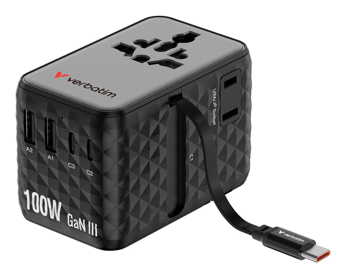 Verbatim Charge 'n' Travel 100W Universal Travel Adapter with retractable cable Black