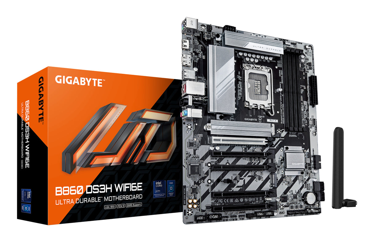 GIGABYTE B860 DS3H WIFI6E Motherboard - Intel Core Ultra Series CPUs, 8+1+2+2 Phases VRM, up to 9066MHz DDR5, 1xPCIe 5.0 + 1xPCIe 4.0 M.2, 2.5GbE LAN, WIFI 6E, USB 3.2 Gen 2x2
