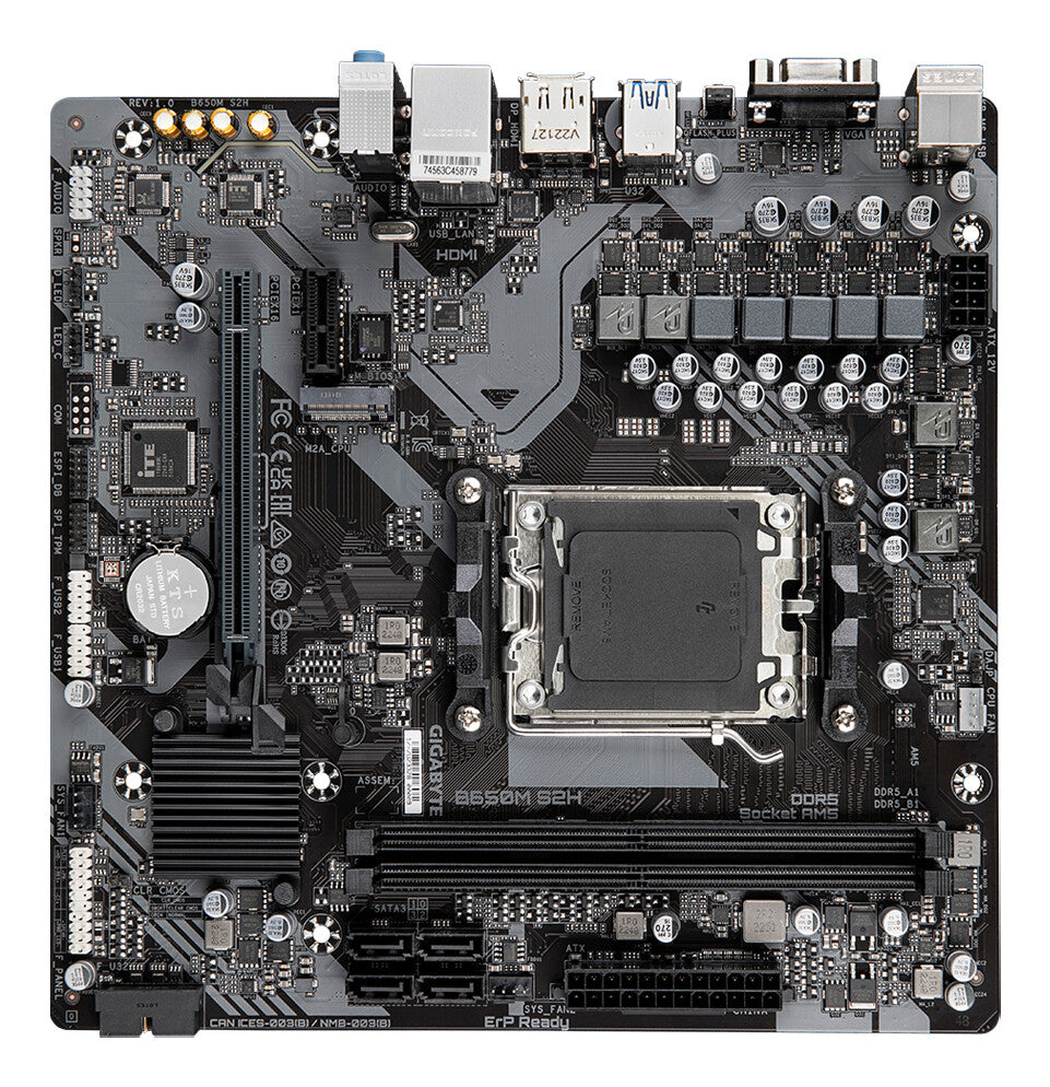 GIGABYTE B650M S2H Motherboard - AMD Ryzen 9000 Series CPUs, 5+2+2 Phases VRM, up to 6400MHz DDR5 (OC), 1xPCIe 4.0 M.2, GbE LAN, USB 3.2 Gen 1