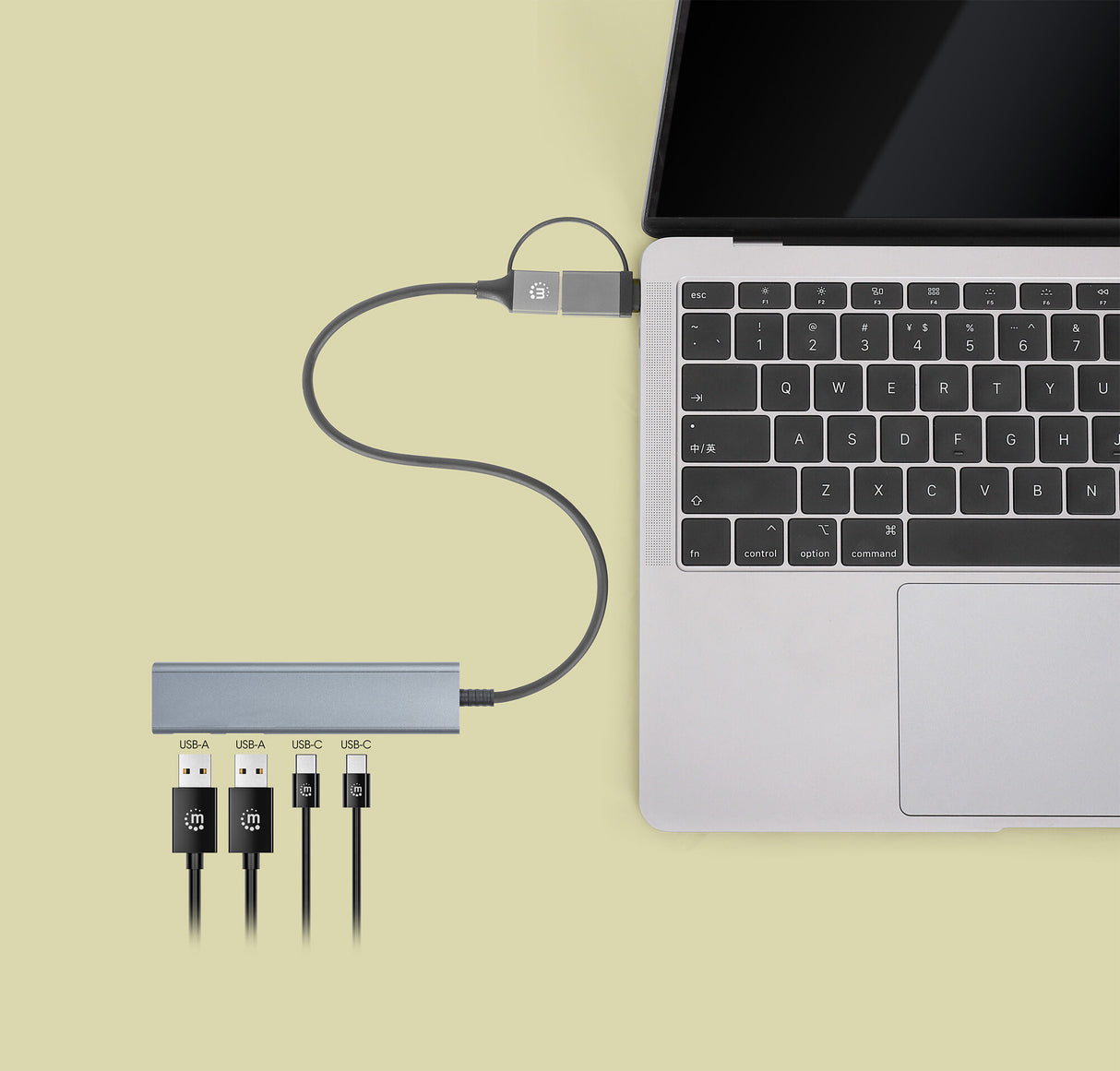 Manhattan USB-C & USB-A Combo Dock/Hub, Ports (4): USB-A (x2) and USB-C (x2), 5 Gbps (USB 3.2 Gen1 aka USB 3.0), USB powered (no external power supply required), Aluminium