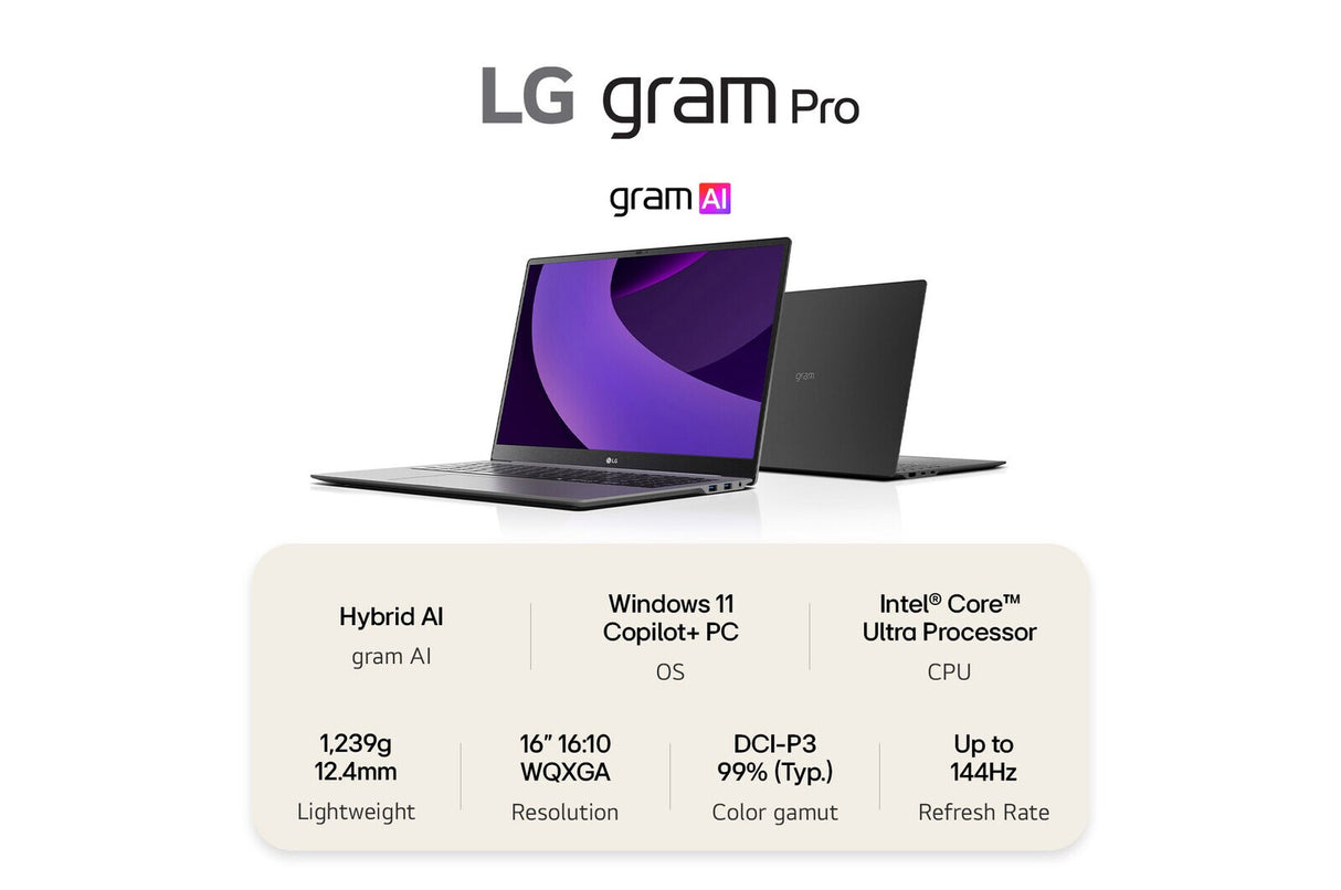 LG Gram Pro AI 16Z90TS-G.AU89A1 laptop Intel Core Ultra 7 258V 40.6 cm (16") 2.5K 32 GB LPDDR5x-SDRAM 1 TB SSD Wi-Fi 7 (802.11be) Windows 11 Home, Metal Grey