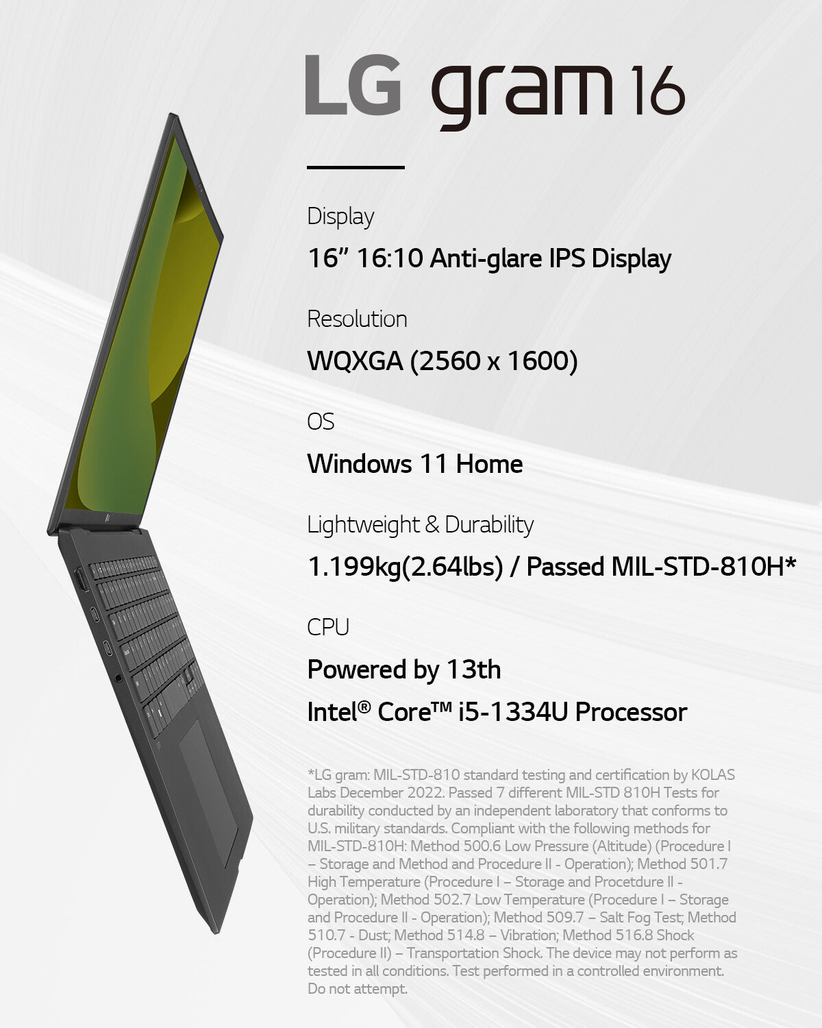 LG Gram 16Z90RU-G.AA55A1 laptop Intel® Core™ i5 i5-1334U 40.6 cm (16") 2.5K 16 GB LPDDR4x-SDRAM 512 GB SSD Wi-Fi 6E (802.11ax) Windows 11 Home Black