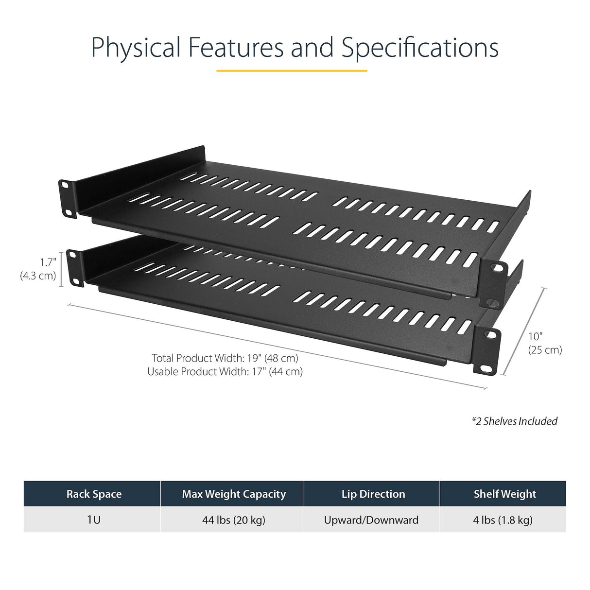 StarTech.com 2-Pack 1U Server Rack Shelf, Vented Rackmount Cantilever Tray for 19" Network Rack or Cabinet, Heavy-Duty 10" (25cm) Deep, Up to 44lb (20kg) Each