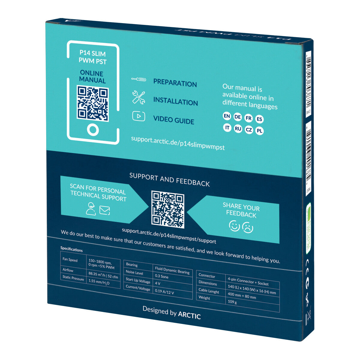 Ventilateur PWM PST Slim PWM à pression optimisée Arctic P14 de 14 cm avec câble en Y intégré, noir, dynamique des fluides, 150-1800 tr/min