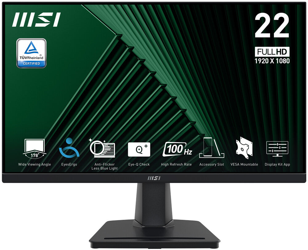 MSI Pro MP225V 21.45 Inch Monitor, FHD (1920 x 1080), 100Hz, VA, 1ms, 1x HDMI 1.4b, 1x D-Sub(VGA), Anti-Glare, Anti-Flicker, Less Blue light, TÜV Certified, VESA, Kensington, Black
