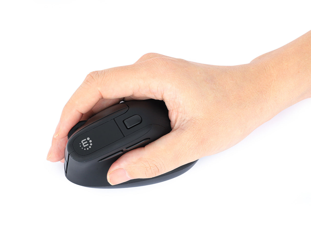 Manhattan Ergonomic Vertical Wireless Mouse (Right Handed), Black, Adjustable 800/1200/1600dpi, 2.4Ghz (effective range up to 10m), Six Button with Scroll Wheel, Nano USB-A receiver, AA battery (included), Three Year Warranty