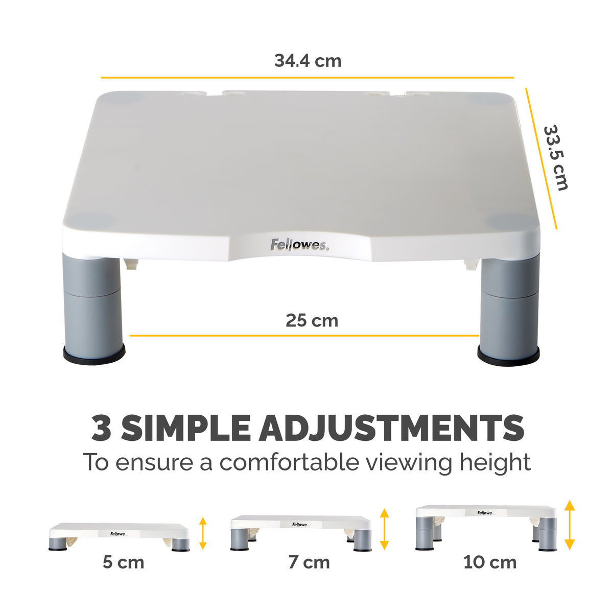 Fellowes Computer Monitor Stand with 3 Height Adjustments - Standard Monitor Riser with Cable Management - Ergonomic Adjustable Monitor Stand for Computers - Max Weight 27KG/Max Size 21" - Platinum