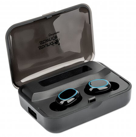 Manhattan Bluetooth In-Ear Headphones, Black, Microphone, Integrated Controls, Sweatproof, Noise Isolating, 5 hour usage time, Max Range 10m, Charging Case with Powerbank (1200mAh), Bluetooth v5.0, USB-A charging cable included, 3 Year Warranty