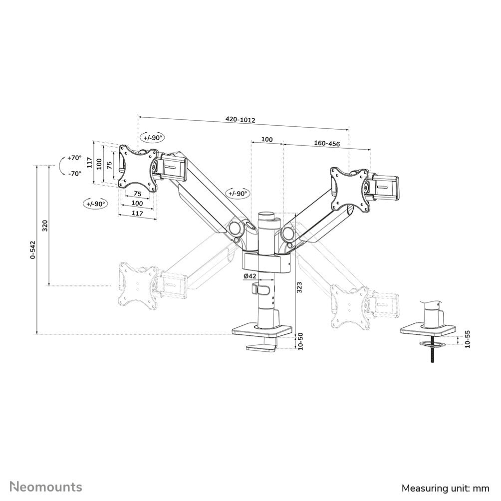 Neomounts DS65S-950WH2 Monitor arm 24-34" - gas spring - Topfix - multi-adjustable - 180°-stop