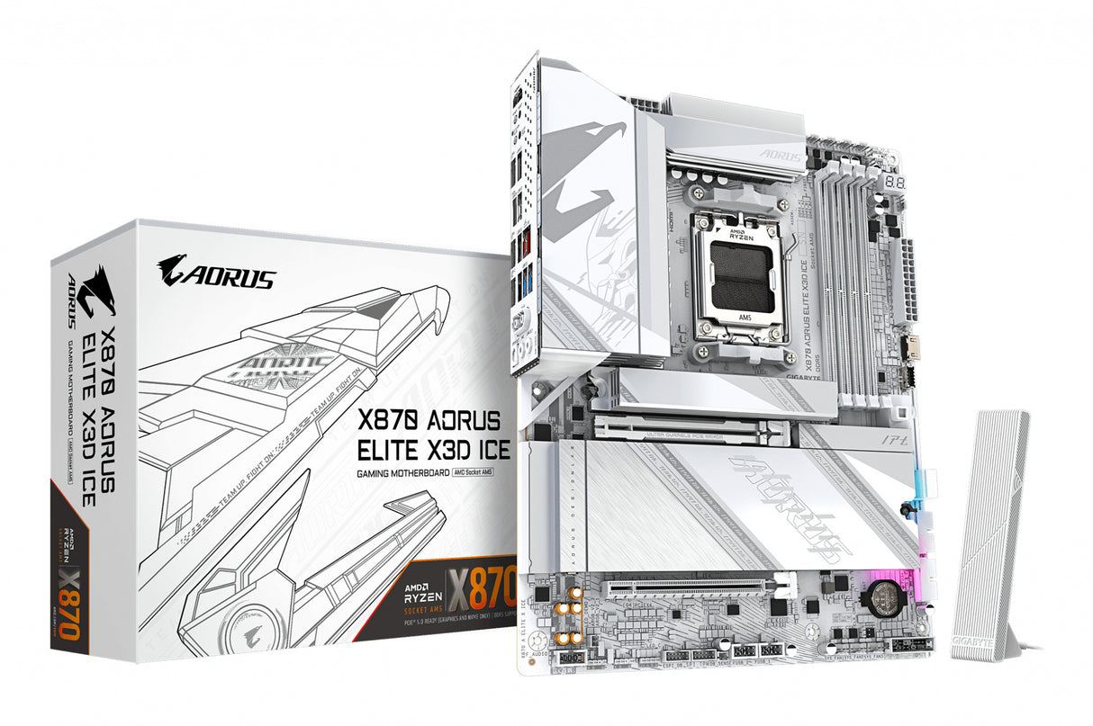 GIGABYTE X870 AORUS ELITE X3D ICE Motherboard - Supports AMD Ryzen 9000 CPUs, 16+2+2 Phases Digital VRM, up to 9000Hz DDR5 (OC), 2xPCIe 5.0 + 2xPCIe 4.0, Wi-Fi 7, 2.5GbE LAN, USB 4
