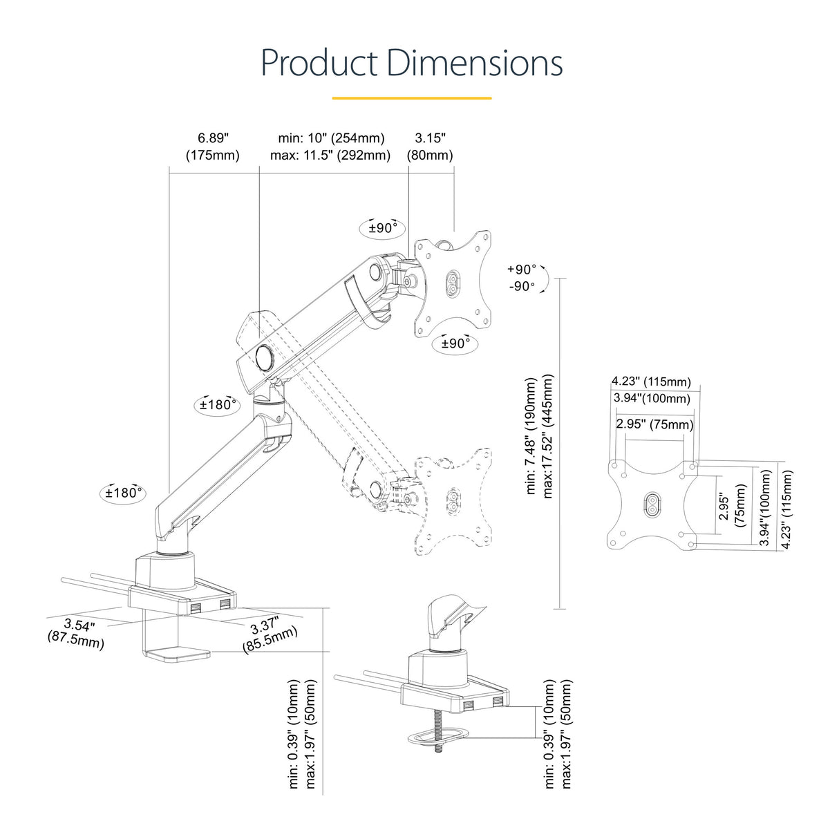 StarTech.com Desk Mount Monitor Arm with 2x USB 3.0 ports, Slim Full Motion Single Monitor Mount, up to 34" (17.6lb/8kg) VESA Display, Clamp/Grommet Mount, Mechanical Spring