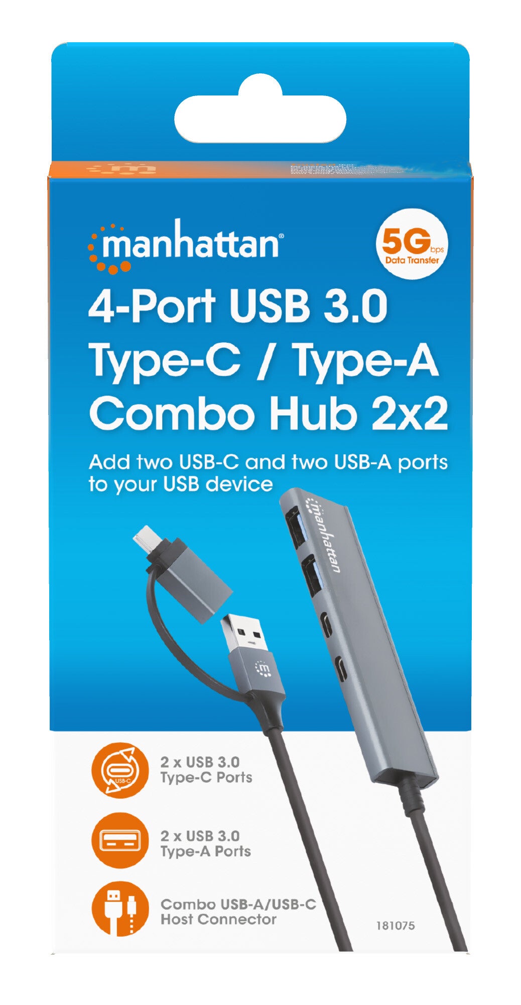 Manhattan USB-C & USB-A Combo Dock/Hub, Ports (4): USB-A (x2) and USB-C (x2), 5 Gbps (USB 3.2 Gen1 aka USB 3.0), USB powered (no external power supply required), Aluminium