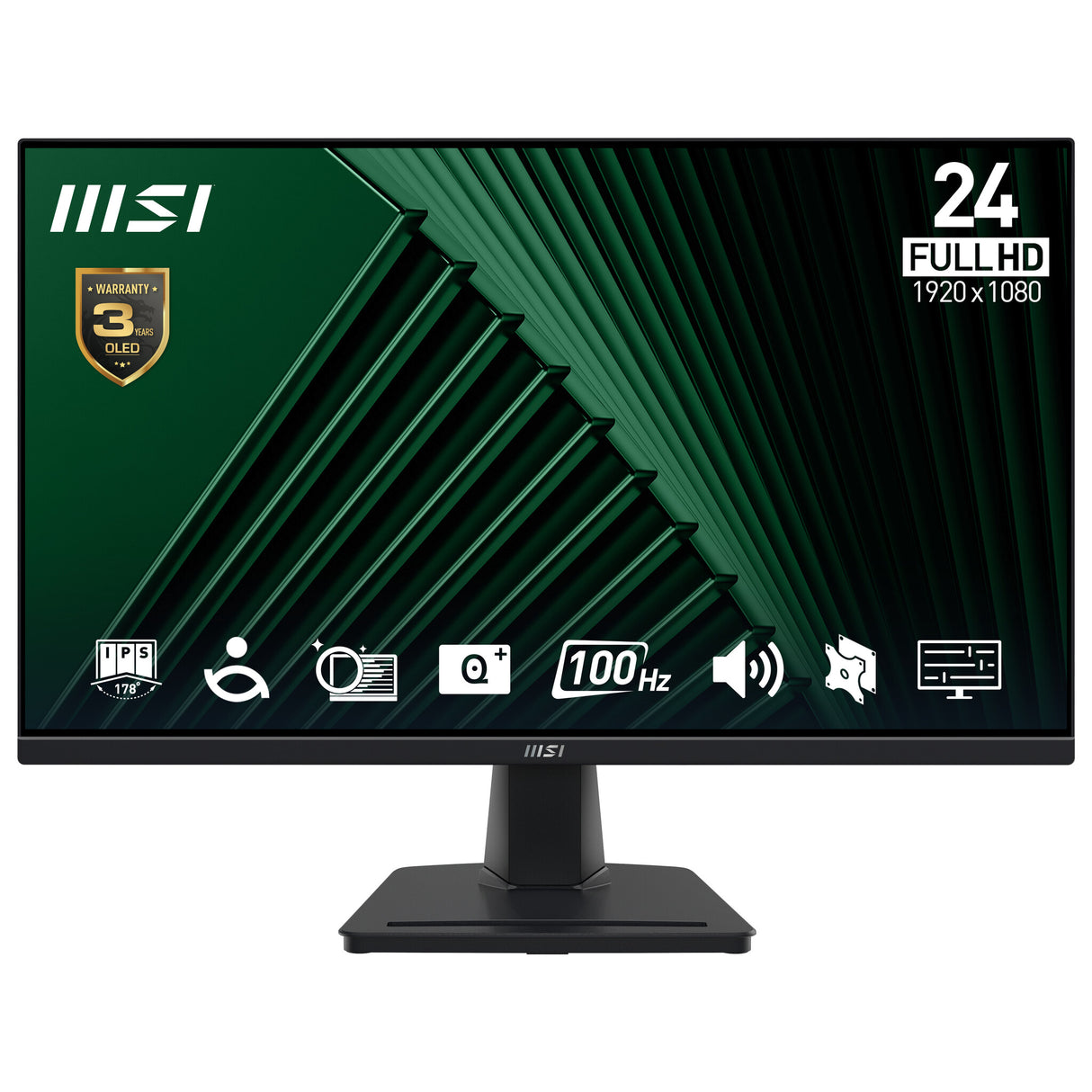 MSI Pro MP245G 24 Inch Monitor, FHD (1920 x 1080), 100Hz, IPS, 1ms, 1x HDMI 1.4b, 1x DP 1.2a output, 1x D-Sub(VGA), Built-in Speakers, Anti-Glare, Anti-Flicker, Less Blue light, TÜV Certified, VESA, Kensington, Black