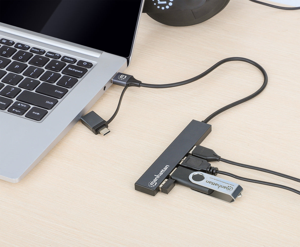 Manhattan USB-C & USB-A Combo Dock/Hub, Ports (4): USB-A (x4), 5 Gbps (USB 3.2 Gen1 aka USB 3.0), USB powered (no external power supply required), Cable 25cm