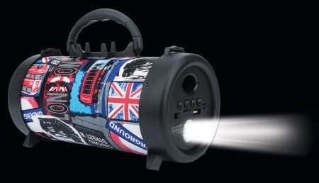 Manhattan London Bluetooth Speaker, Decent Sound Output (3W), 3 hour Playback time, FM Radio, Range 10m, microSD card reader (32GB), Aux 3.5mm connector, USB-A charging cable included, 1200mAH battery, Bluetooth v5, Three Years Warranty