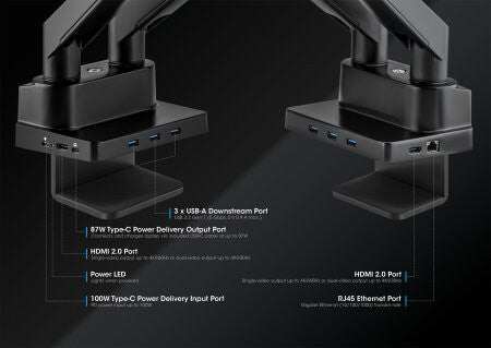 Manhattan Dual Desk Mount for TV & Monitors (Full Motion Gas Spring) with built-in Dock, For screens to 27", Ports (x7): Ethernet,HDMI (x2),USB-A (x3) and USB-C,Power Delivery (100W) to USB-C Port (Separate USB-C wall charger/cable needed),VESA: 75x75 and