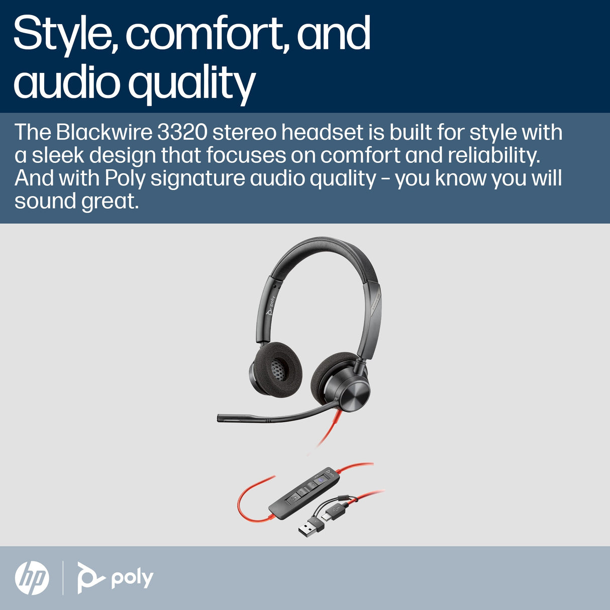 POLY Blackwire 3320 Stereo Microsoft Teams Certified USB-C Headset +USB-C/A Adapter